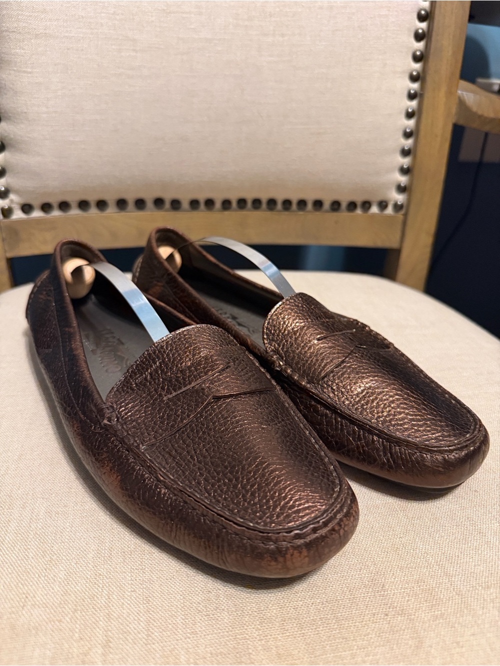 Salvatore Ferragamo Metallic Copper Pebbled Leather Penny Loafers Size 10